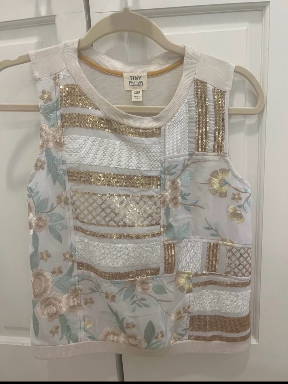 Anthropologie White Floral Patchwork Sequin Tank Top
